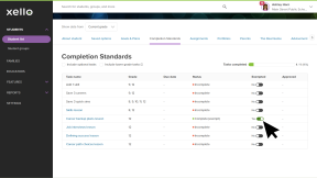 A student's profile in Xello on the Completion Standards tab. The cursor is marking the Career backup plans lesson as Exempt for the student.